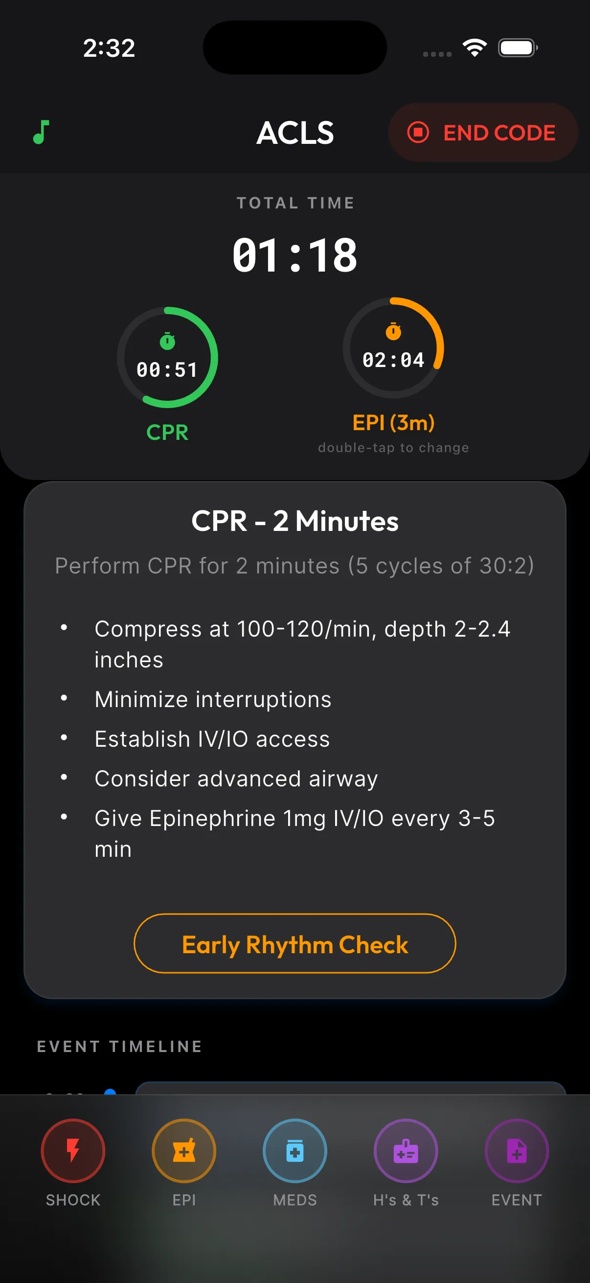 CodeBlueCoach running an ACLS code: total time, CPR and epinephrine timers, rhythm check step, and quick-log buttons